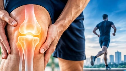 Persona sosteniendo su rodilla con visualización de la articulación afectada